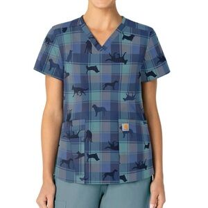 New Carhartt Women’s Modern Fit V Neck Dog Print Scrub Top Medical Nurse Vet M